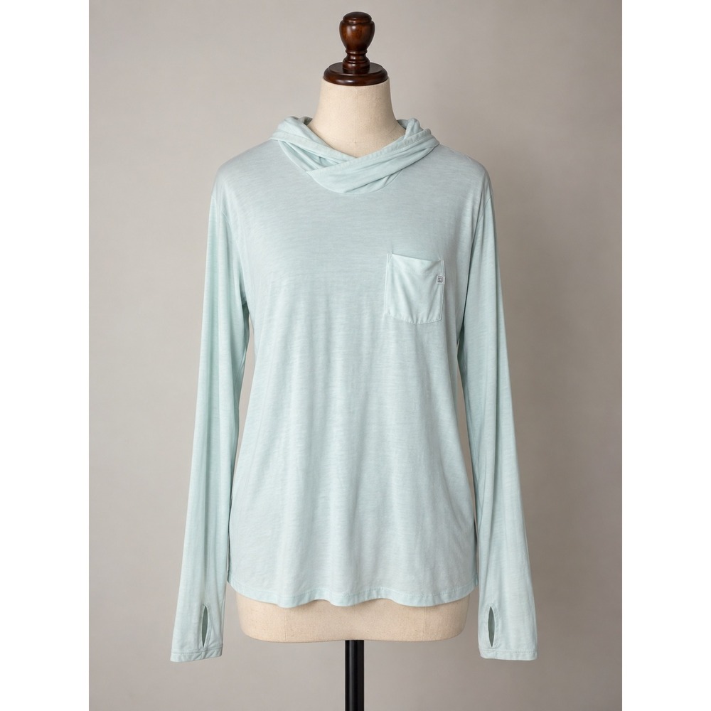 Free Fly Bamboo Lightweight Crossover Hoodie Light Blue Womens Large Thumbholes